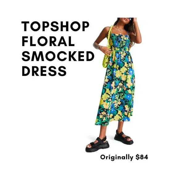 Topshop Floral Smocked Dress in Blue at Nordstrom, Size Small